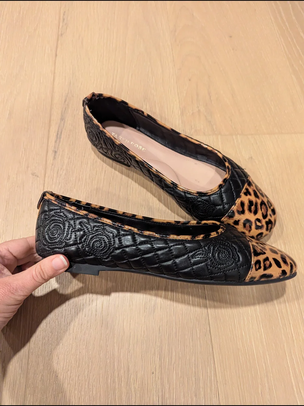 Taryn Rose Quilted Black Flats with Leopard Cap Toe